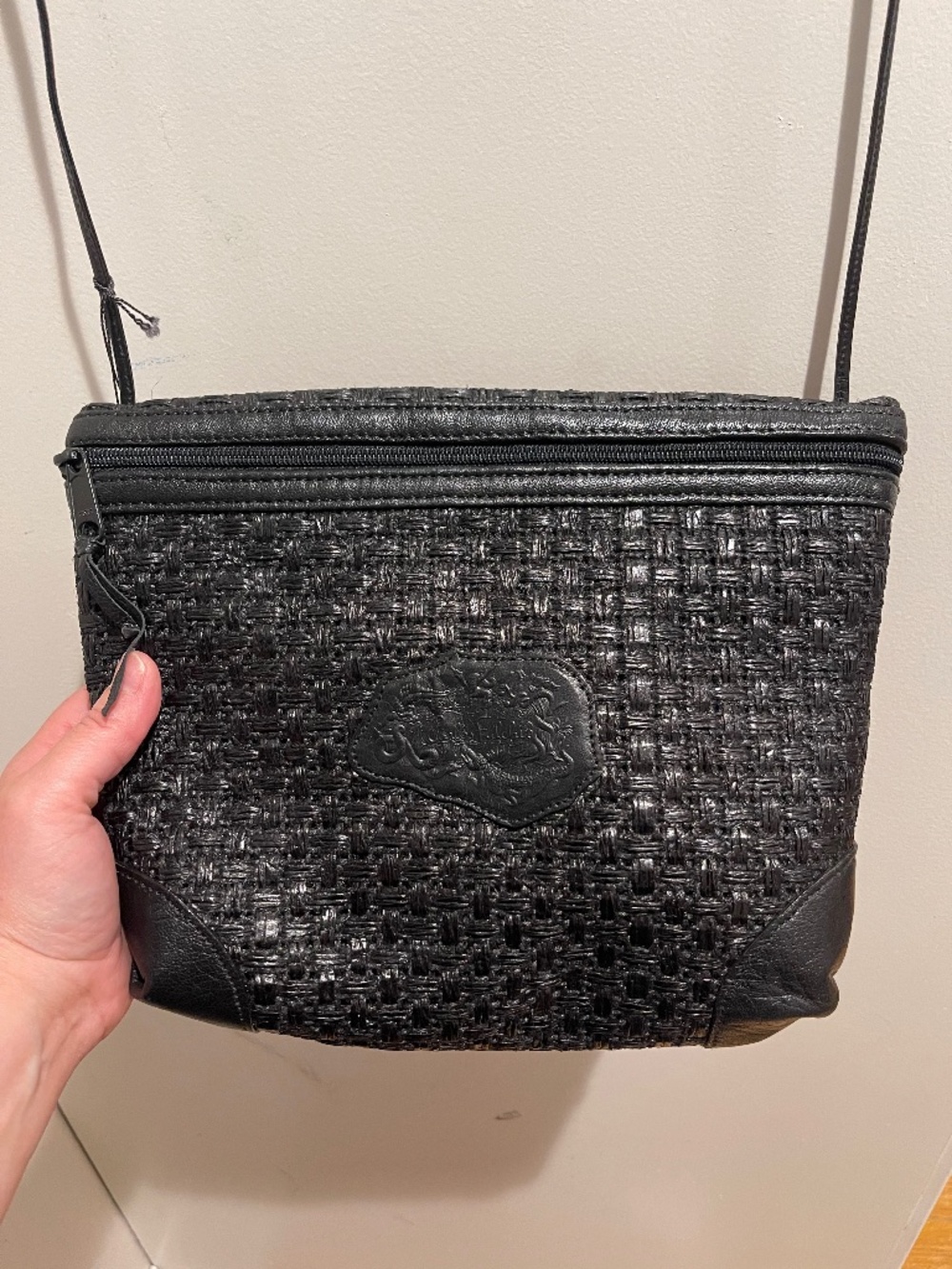Vintage Carlos Falchi Handbag Black Leather Woven Zip NWT Thin Strap 80s/90s